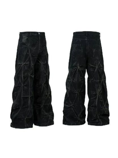 Mens Jeans Harajuku Y2K Streetwear Black Pleated Baggy Denim Pants High Street Hip Hop Wide Leg Loose Fit Casual Fashion Trend