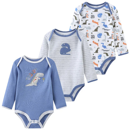 Baby Bodysuit Cotton - Newborn Onesies 3 Pcs Long Sleeve Soft Infant Bodysuits