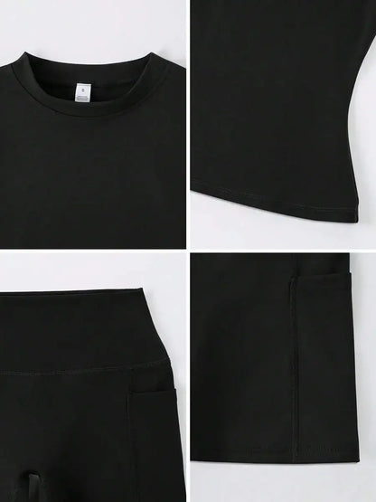 Women's Sweet Sports Short Sleeve High Waist Tummy Control Butt Lifting Shorts Set