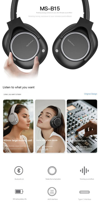 Rotary Volume Knob ANC Active Noise Cancelling Over-Ear Wireless Bluetooth6.0 Headphones Head Mounted Foldable Headset With Mic