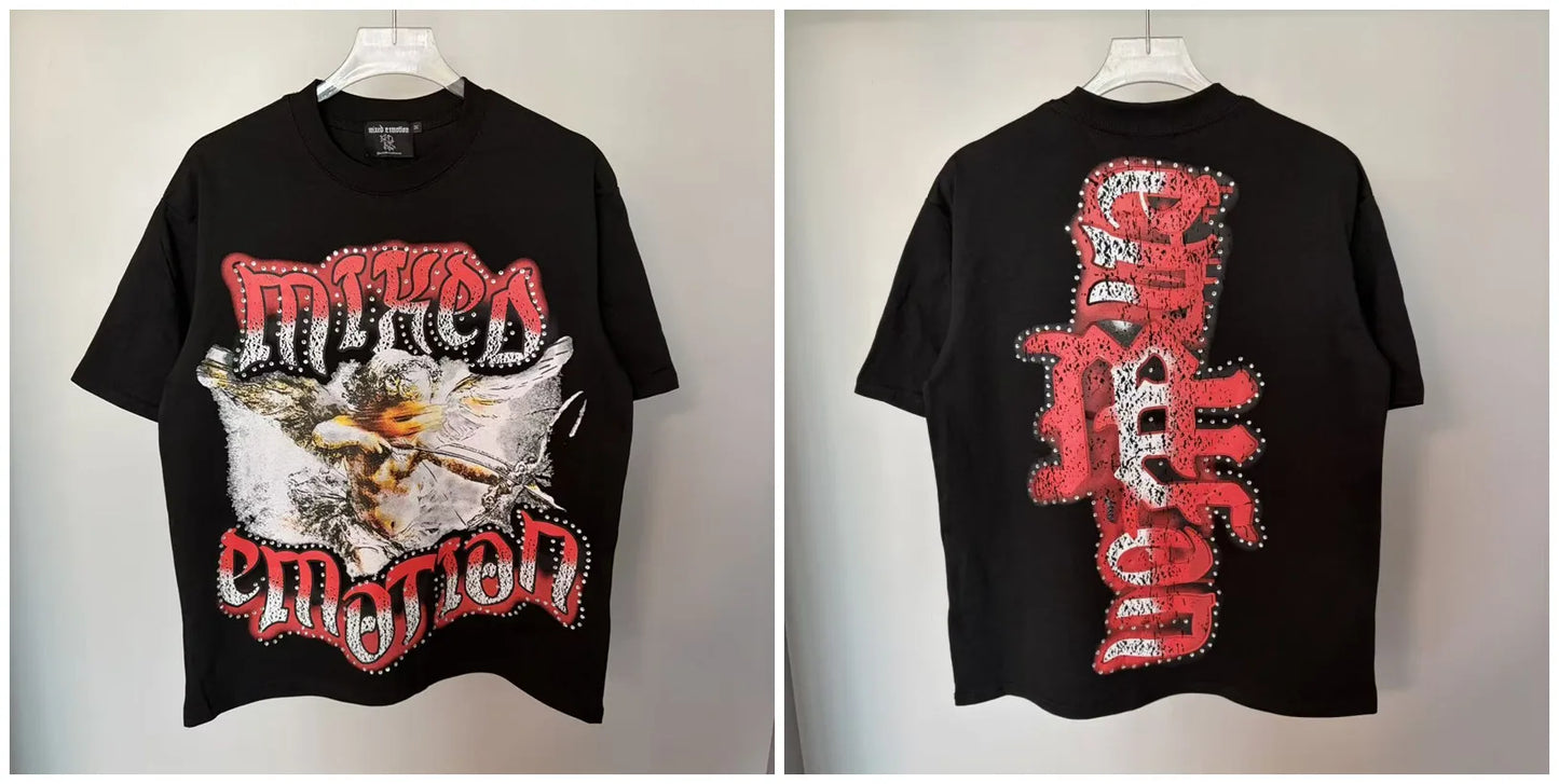 New MIXED-EMOTION Rhinestone cartoon printed pattern 100% cotton Men Women T-shirt Loose casual Shinning Diamond Tees Oversized Top
