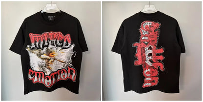 New MIXED-EMOTION Rhinestone cartoon printed pattern 100% cotton Men Women T-shirt Loose casual Shinning Diamond Tees Oversized Top