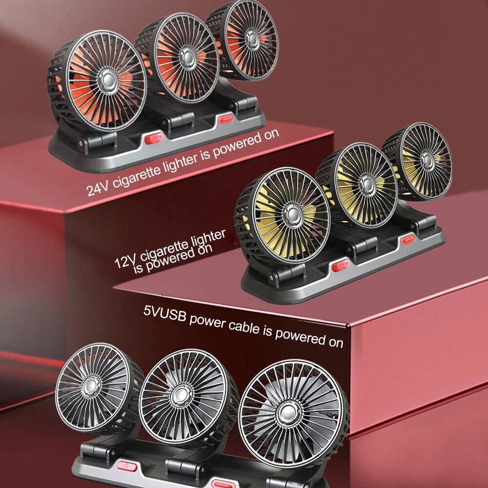 12V Automotive Fan Car Fan 24V 360° Adjustable 3-Head Air Fan Low Noise Multifunctional Temporary Parking Fan for Auto Vehicles