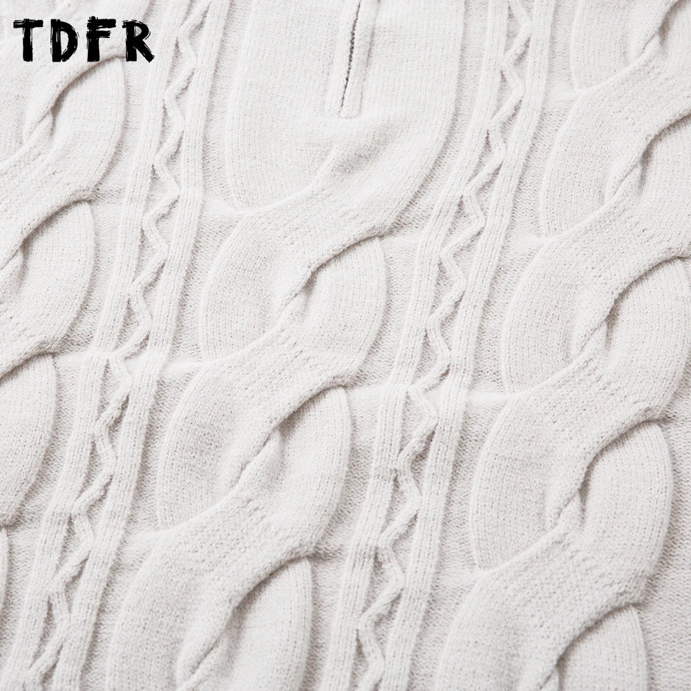 Solid Color Jacquard Sweater Mens Autumn Winter Casual Loose Half Zipper Long Sleeve Sweater Man