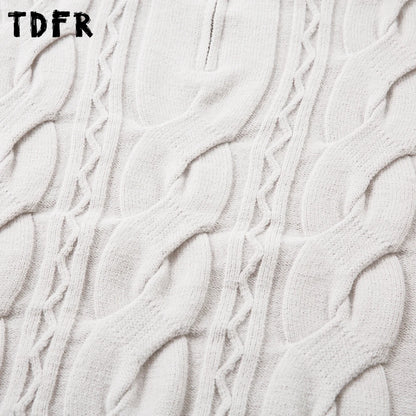 Solid Color Jacquard Sweater Mens Autumn Winter Casual Loose Half Zipper Long Sleeve Sweater Man