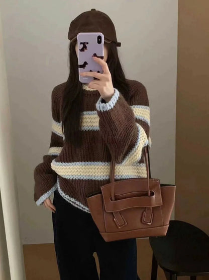 Chic Loose Long Sleeve Knitted Sweater round Neck Striped Autumn Winter New Style Women's Regular Fit Comfortable Casual Sweater