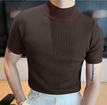 Men's High Neck T-Shirt – Casual Summer Knitted Base Tee | Breathable Polyester Top