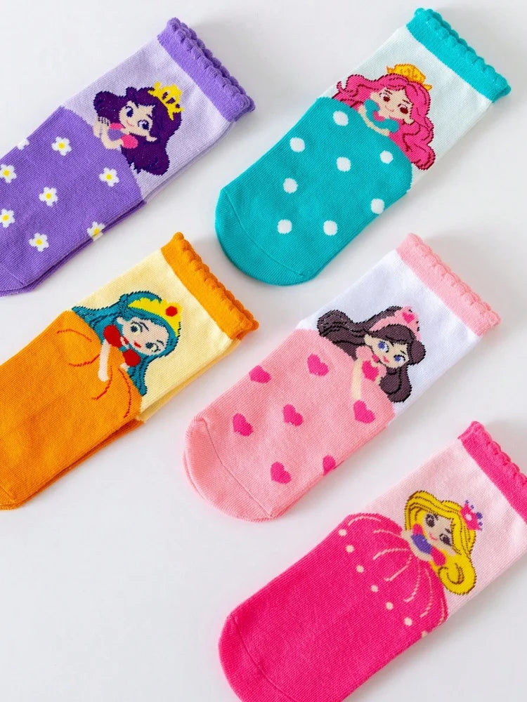 5 Pairs of Kidsren's Cartoon Socks, Autumn and Winter Baby Cute Princess Socks, Spring and Summer Girls Can Wear Soft Mid-calf Socks
