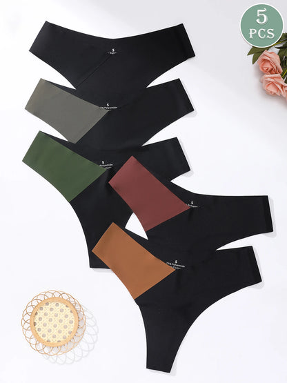 5Pcs Women's Seamless V-Waist Thongs No Show Invisible Soft Stretch Ice Silk Underwear Multi-color Panties