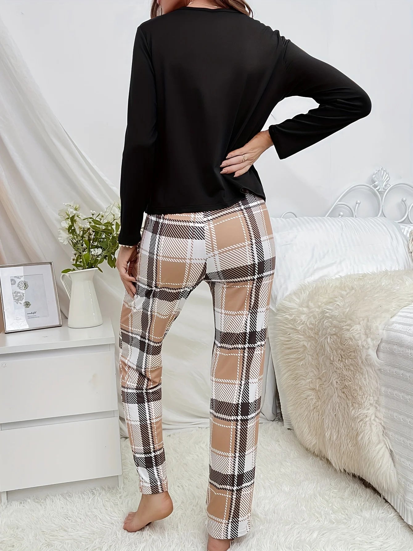 Women's new style pajamas set cartoon bear long-sleeved top plaid trousers home-wear 2 sets