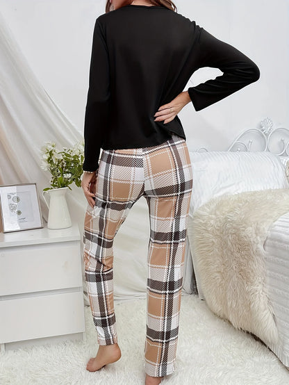 Women's new style pajamas set cartoon bear long-sleeved top plaid trousers home-wear 2 sets