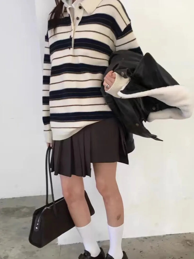 Retro Korean Style Striped Loose Fit Long Sleeve Knitwear Casual Comfortable Warm Collared Sweater for Women Spring Autumn Wi...