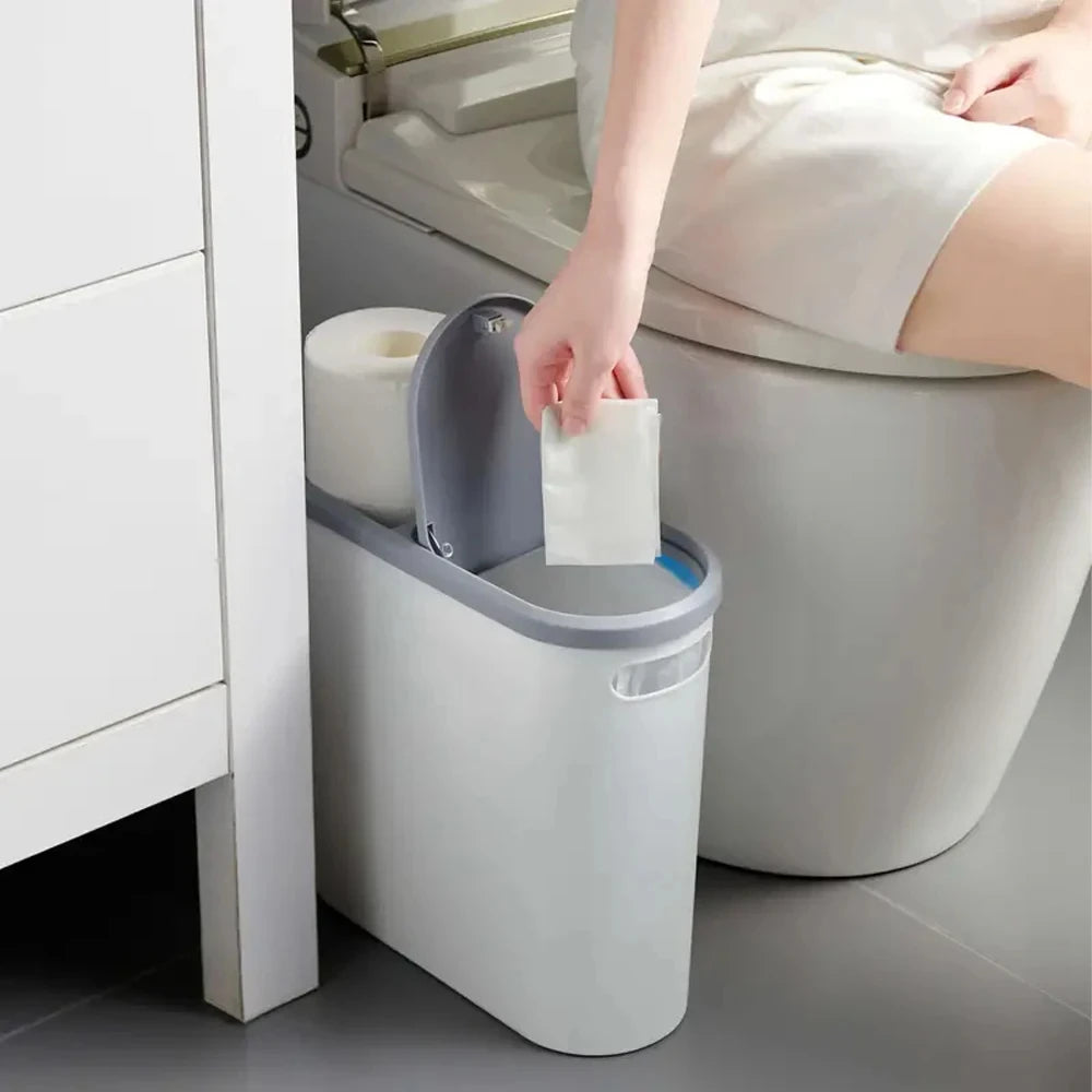 Slim Trash Bin with Lid - Space Saving Design for Bathroom Kitchen Living Room