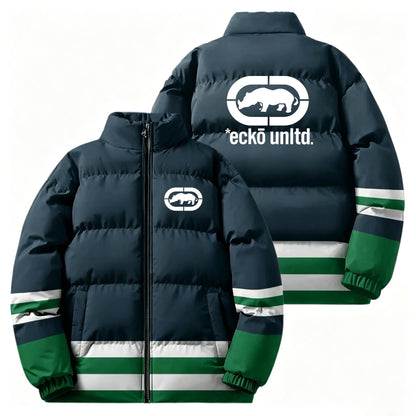 Winter Men Thick Padded Down Jacket Ecko Unltd Rhino Print Stand‑collar Zip Coat Hip‑hop Street Style Loose Warm Outerwear For D