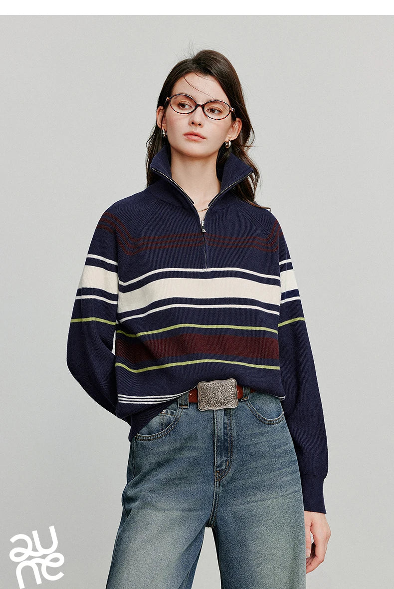 TOYOUTH Women Knitted Sweater 2026 Autumn New Fashionable Style Striped Zipper High Collar Woolen Pullover Sweater Tops