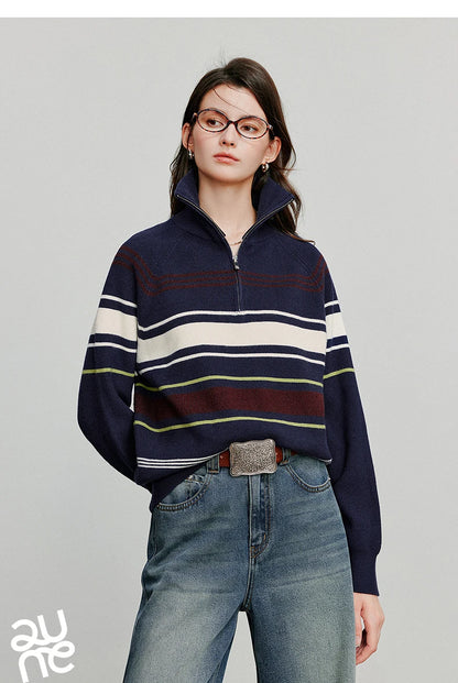 TOYOUTH Women Knitted Sweater 2026 Autumn New Fashionable Style Striped Zipper High Collar Woolen Pullover Sweater Tops