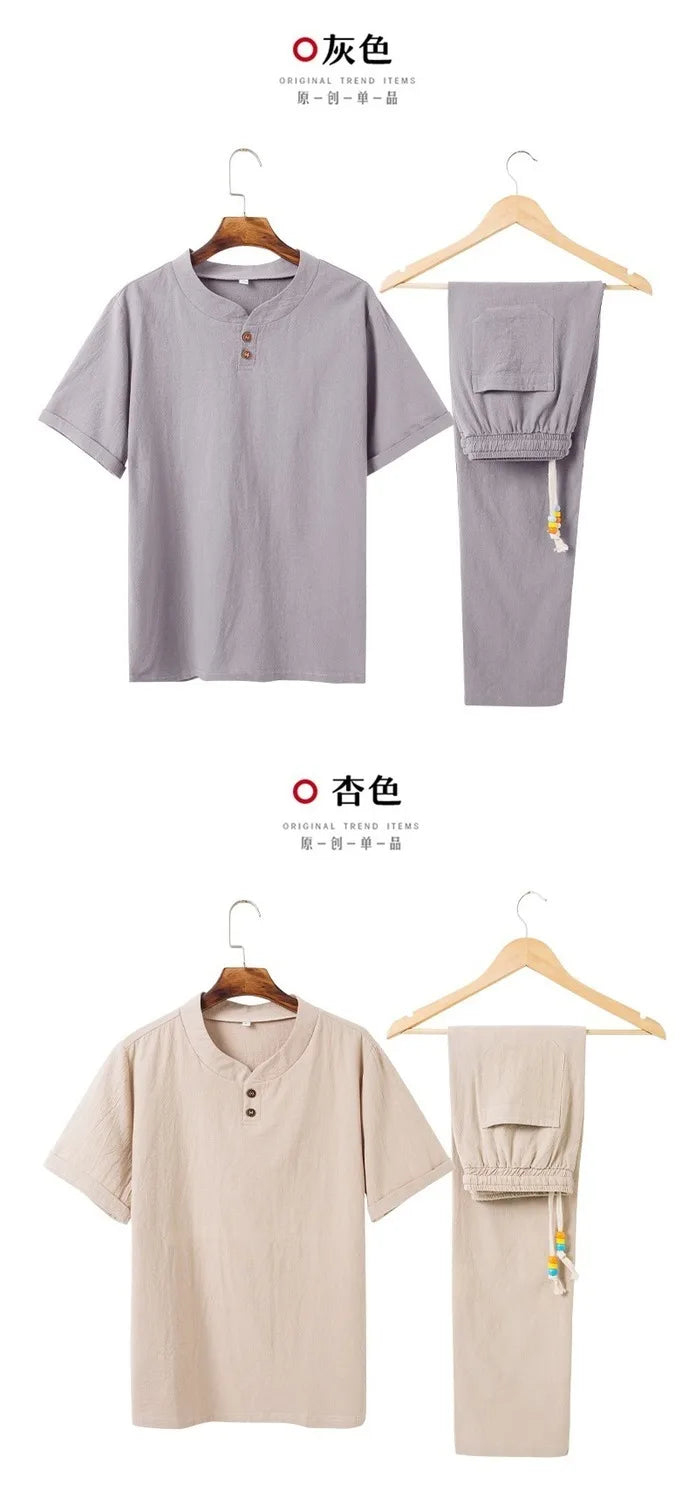 Linen Cotton T-shirt Men's Set Chinese Style Short Sleeve Sportswear +trousers 2 Piece Sets Summer Men Tracksuit Solid Suit