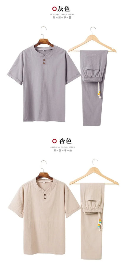 Linen Cotton T-shirt Men's Set Chinese Style Short Sleeve Sportswear +trousers 2 Piece Sets Summer Men Tracksuit Solid Suit