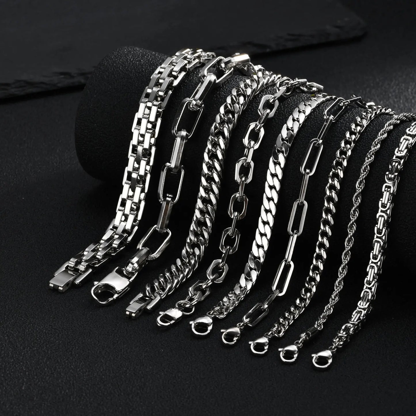 Punk Silver Color Men's Chain Bracelets,Hiphop Stainless Steel Braided Link Wristband,Classic Metal Jewelry Gift for Him Dad