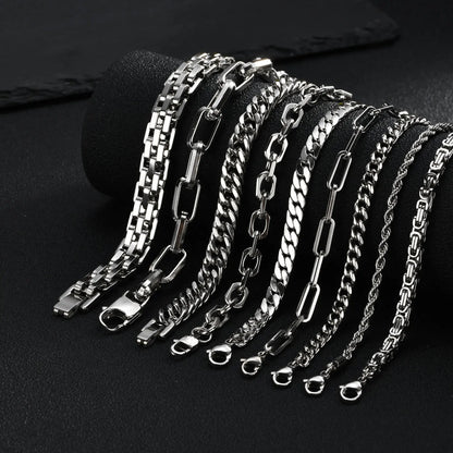 Punk Silver Color Men's Chain Bracelets,Hiphop Stainless Steel Braided Link Wristband,Classic Metal Jewelry Gift for Him Dad