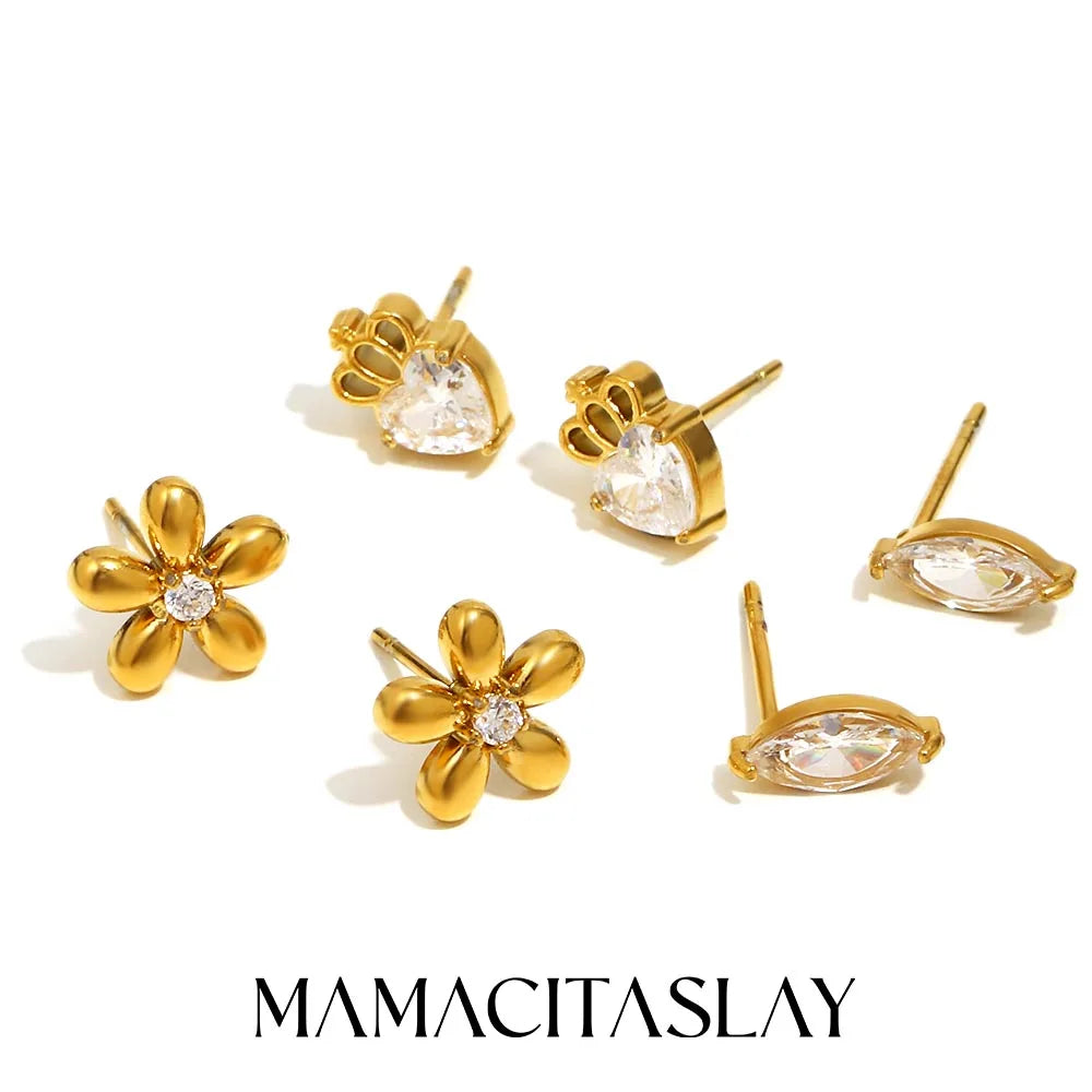 Mini Zircon Flower Crown Stud Earrings – 18K Gold-Plated Steel