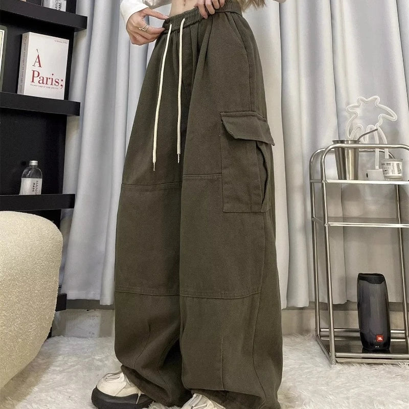 Cargo Pants Women Solid Color Japanese Loose Thin Straight Wide-leg High Waist Trousers High Street Basics Casual Pants Female