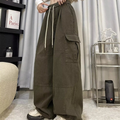 Cargo Pants Women Solid Color Japanese Loose Thin Straight Wide-leg High Waist Trousers High Street Basics Casual Pants Female