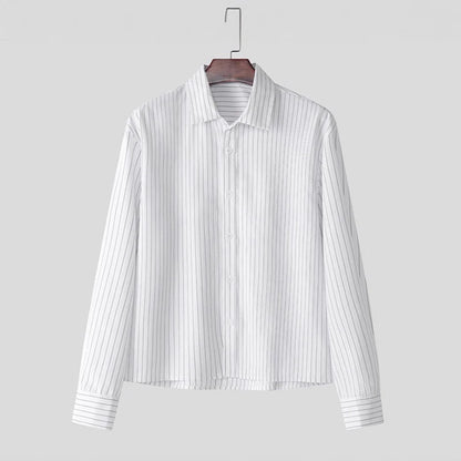 New British Retro Men Striped Shirts Trendy Loose Lapel Long Sleeve Cardigan Tops Autumn Leisure High Quality Basic Blouse S-2XL