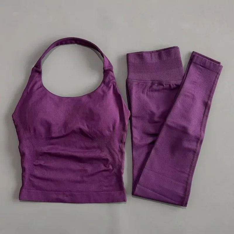 2 Piece Women Gym Set Seamless Halter Sports Top High Waist Leggings Tummy Control Squat Proof Yoga Fitness Activewear