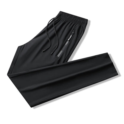 Men's Athletic Stretchy Ice Silk Quick Dry Pants Zipper Pockets Lightweight Sweatpants Outdoor Hiking Breathable Running Workout