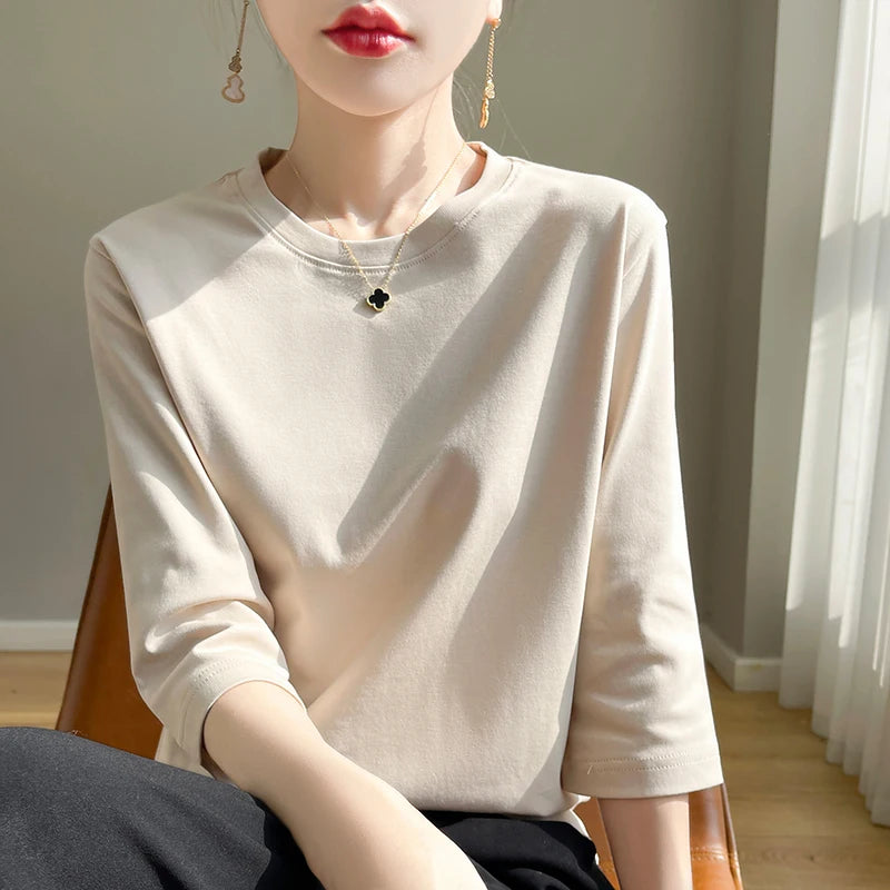 Summer Cotton Short-Sleeved T-Shirt Women's Round Neck Seven-Point Sleeves Loose Mercerized Cotton Half-Sleeve Shirt New T-shirt