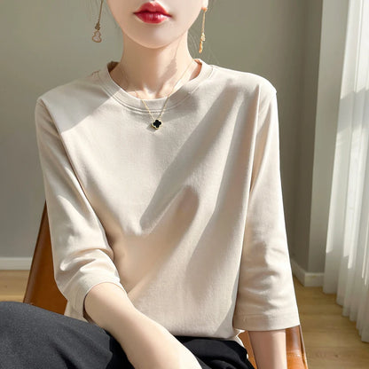 Summer Cotton Short-Sleeved T-Shirt Women's Round Neck Seven-Point Sleeves Loose Mercerized Cotton Half-Sleeve Shirt New T-shirt