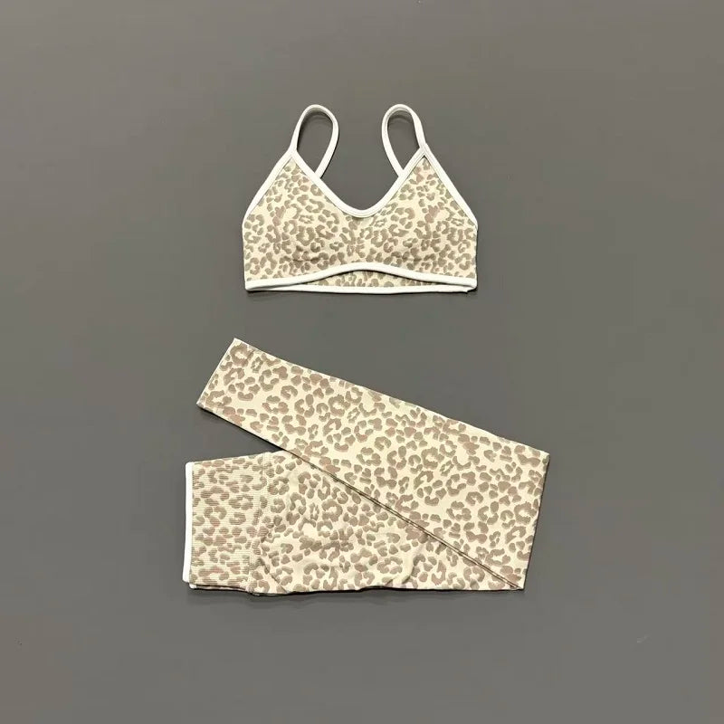2 Pcs Fitness Sets Women Leopard Print Contrast Edge Removable Pad Bra Breathable Squat Proof Pants Suit Sports Workout Set
