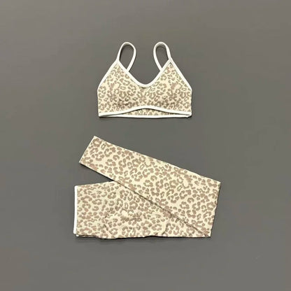 2 Pcs Fitness Sets Women Leopard Print Contrast Edge Removable Pad Bra Breathable Squat Proof Pants Suit Sports Workout Set