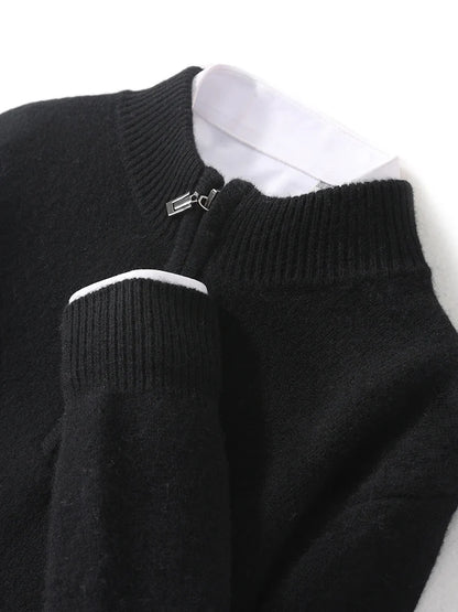 Men Mock Neck Zipper Sweaters 100% Merino Wool Pullover Casual Fashion Clothing Autumn Winter Thick Cashmere Knitwear Tops