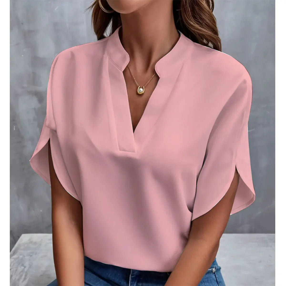 Women Elegant Solid V Neck Blouse Casual Short Sleeve Loose Shirt Summer Solid Tops Harajuku Office Ladt Chiffon Blouse 2026 New