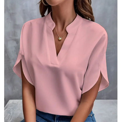 Women Elegant Solid V Neck Blouse Casual Short Sleeve Loose Shirt Summer Solid Tops Harajuku Office Ladt Chiffon Blouse 2026 New