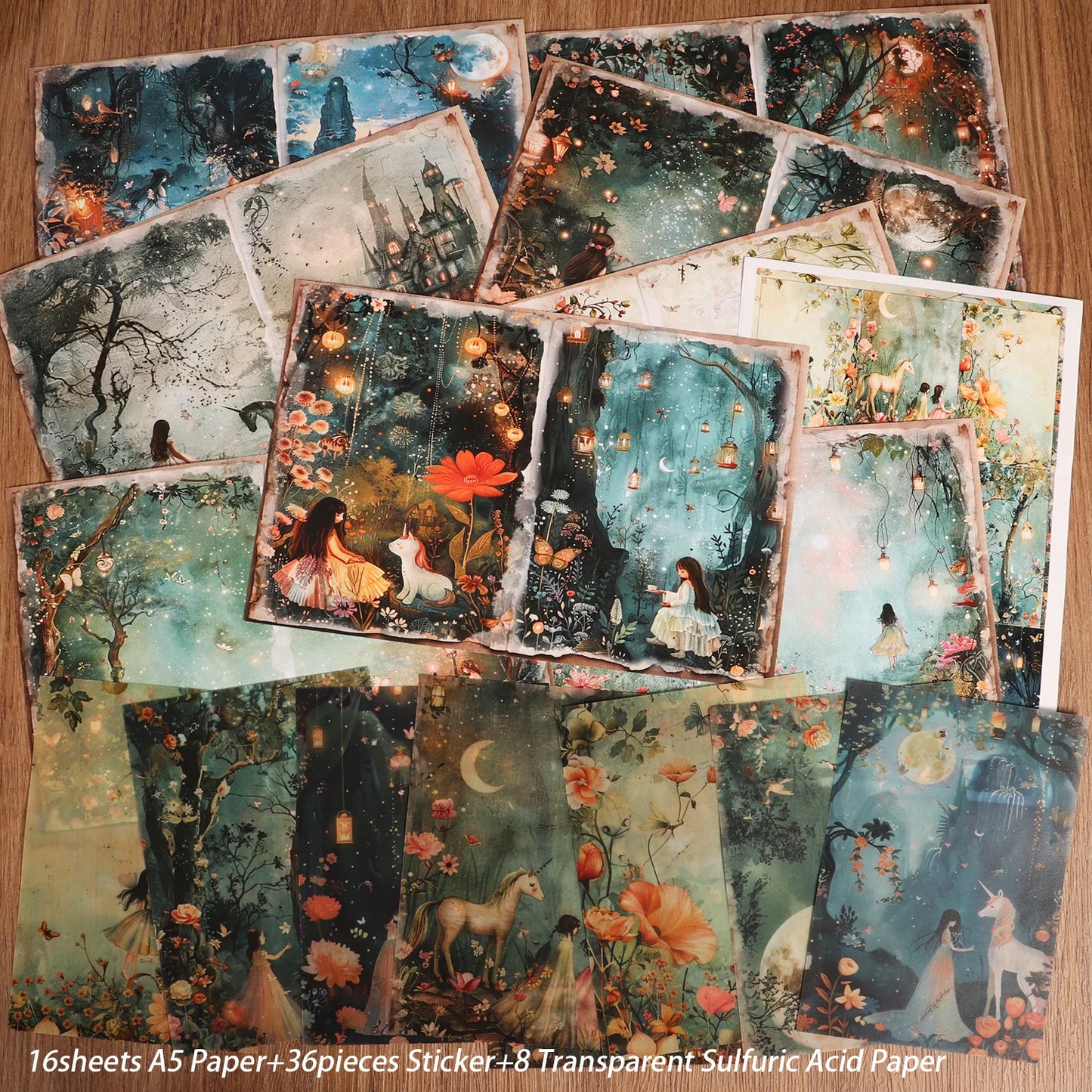 DIY Scrapbook Kit - A5 Papers Transparent Acid Papers  Fantasy Forest Stickers - ZOOMNSTORE