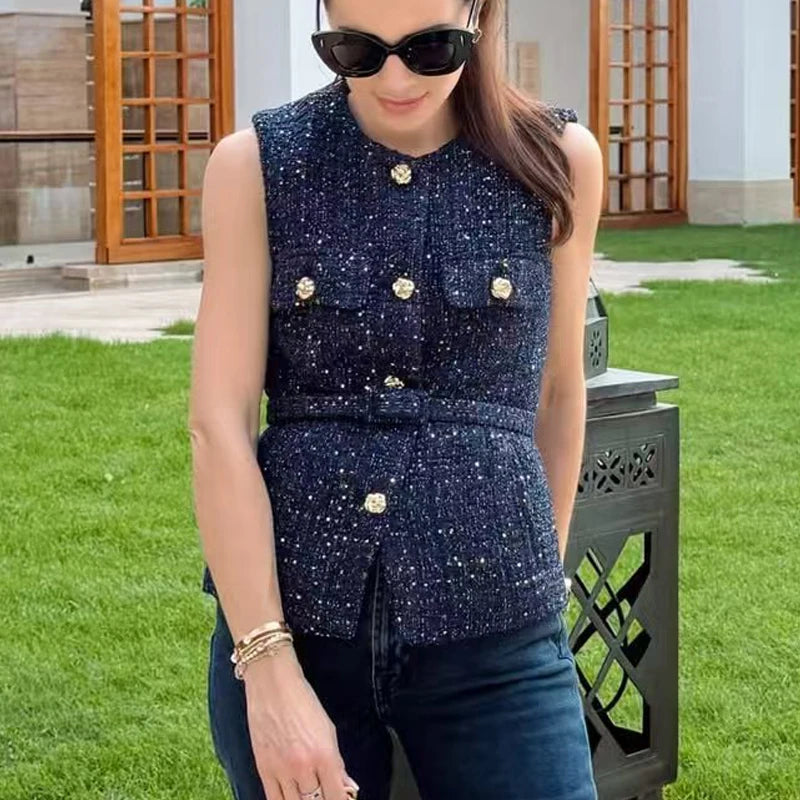 HXAO Women's Vest Summer 2025 Blue Off White Black Vest Textured Waistcoat Woman Button Sleeveless Vest Women Fashion Outerwears