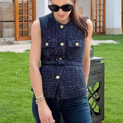 HXAO Women's Vest Summer 2025 Blue Off White Black Vest Textured Waistcoat Woman Button Sleeveless Vest Women Fashion Outerwears