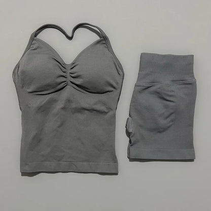 2Pcs HISTELLO Yoga Set Women Halter Tank Top Scrunch Butt Lifting Shorts Ruched Anti Chafe Quick Dry Gym Workout Sports Set