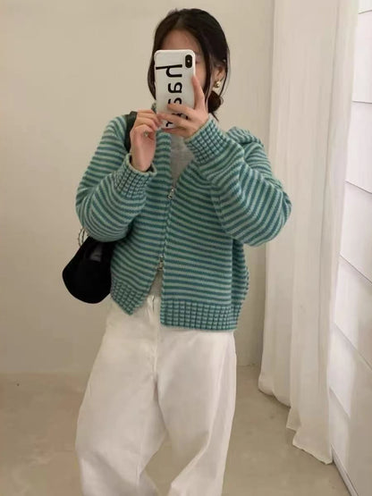 Purple Striped Hooded Sweater Jacket Women's Open Cardigan Autumn Winter Korean Style Soft Thickened Knitted Shirt Inner Wear...