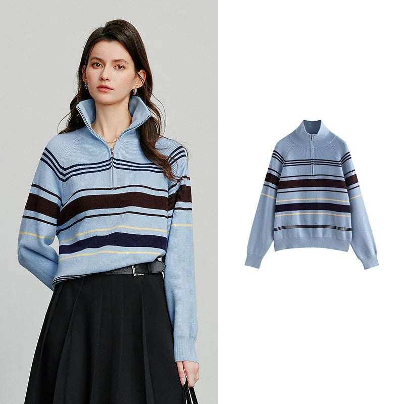 TOYOUTH Women Knitted Sweater 2026 Autumn New Fashionable Style Striped Zipper High Collar Woolen Pullover Sweater Tops