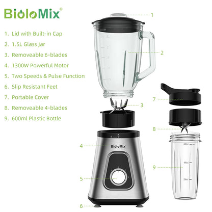 BioloMix 1300W Smoothie Blender - 15L Glass Jar for Frozen Drinks  Sauces