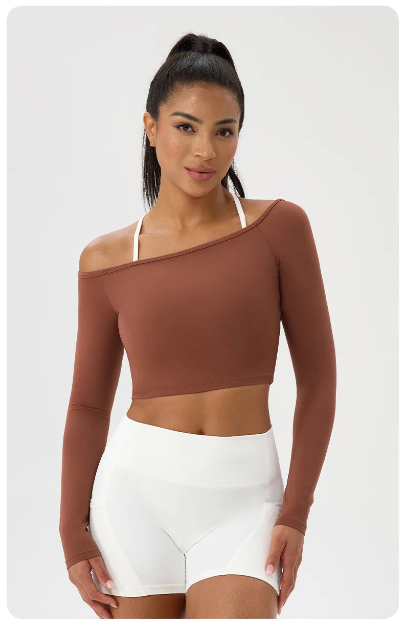Women's Yoga Shirt - Long Sleeve One Shoulder Tight Fit Workout Top | Quick Drying