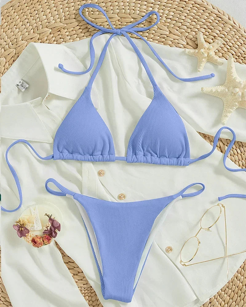 Sexy Women Thong Solid Color Bikini Set Side Halter Tie Swimsuit Ladies Split Strap Adjustable Brazilian Swimwear Beachwear