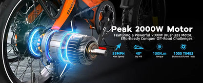 Cybervelo 20” Fat Tire 2000W Peak Motor Luxury Foldable Ebike 48V Removable Battery E Bicycle 35+ MPH 100+Miles Long Range EK6