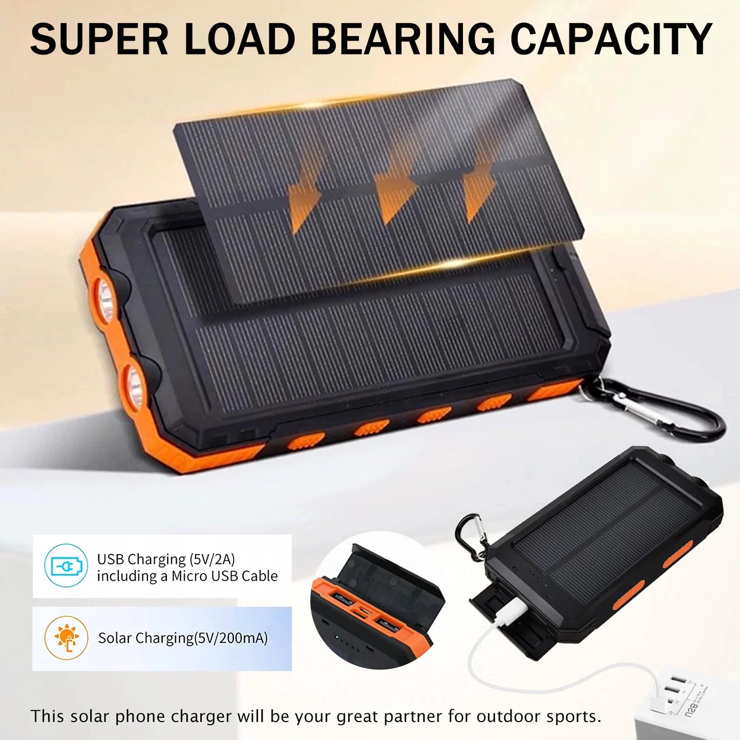 20000mAh Solar Power Bank Large Capacity Portable Outdoor Fast Charging Built-in Li-polymer Battery LDE Light for iphone Samsung