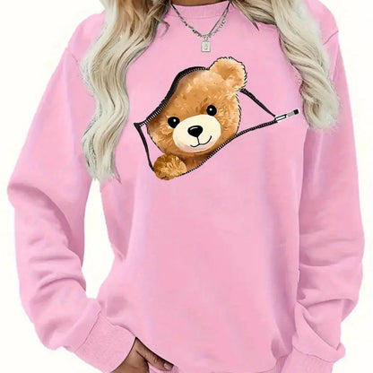 Women's Autumn and Winter Loose Casual Cartoon Zipper Bear Pattern Printed Velvet Long-Sleeved Round Neck Sweatshirt Pullover
