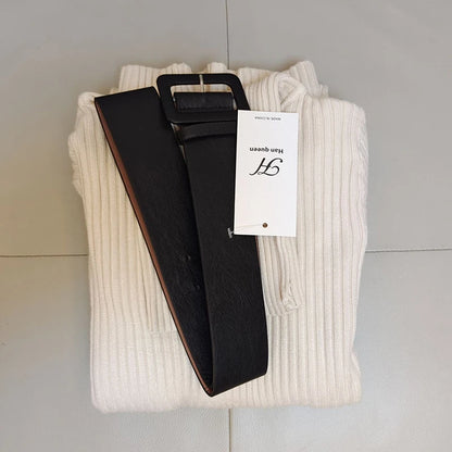 Knitted Turtleneck Bodycon Dress - Soft Elastic Midi Party Dress with Belt for Women